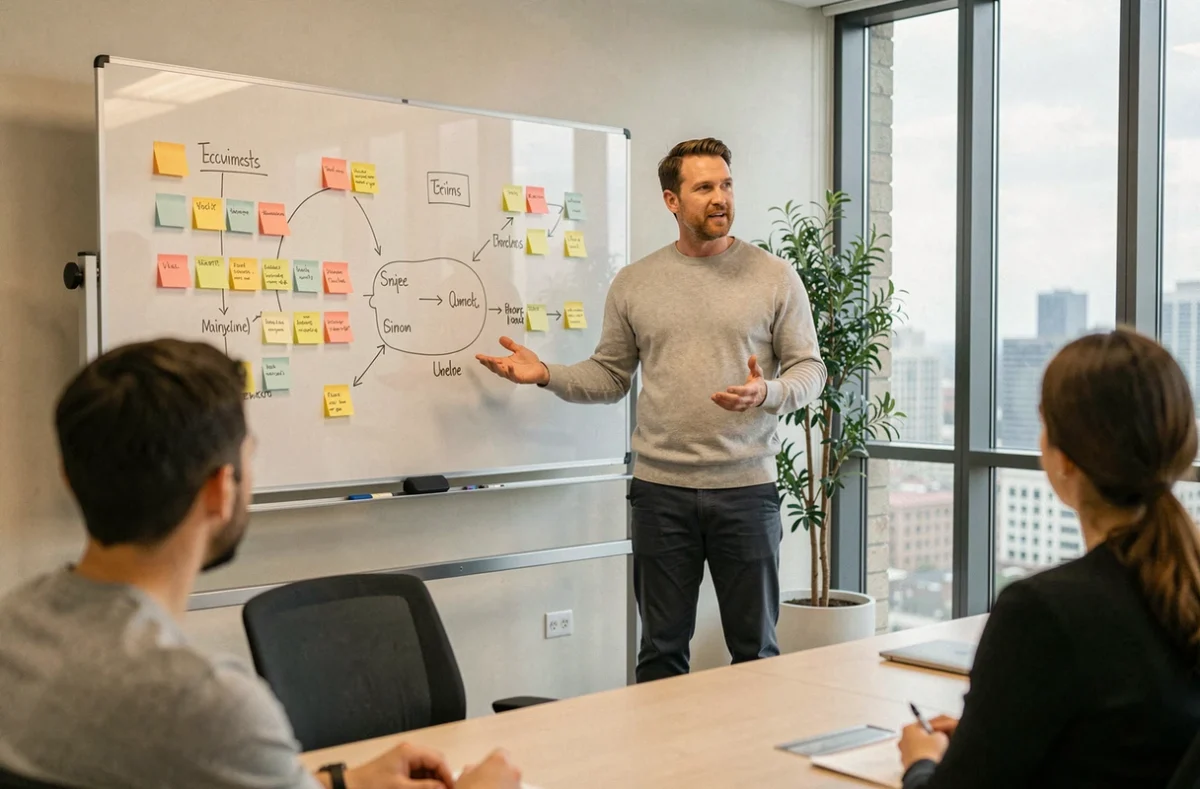 Créateur d'entreprise présentant sa stratégie business à son équipe dans une salle de réunion moderne