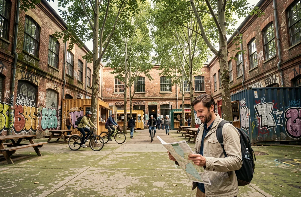 Cour extérieure de l'écosystème Darwin à Bordeaux avec végétation urbaine, street art et espaces de vie partagés