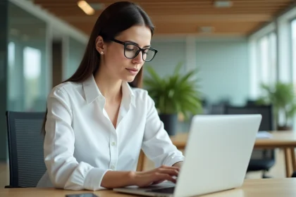 Femme dirigeante de PME analysant la plateforme Partenaire-entreprise.com sur son ordinateur portable dans un bureau moderne