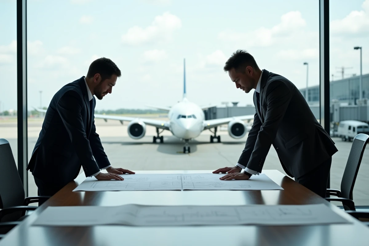 Deux cadres de l'aviation examinant des plans d'avion dans une salle de conférence avec vue sur le tarmac