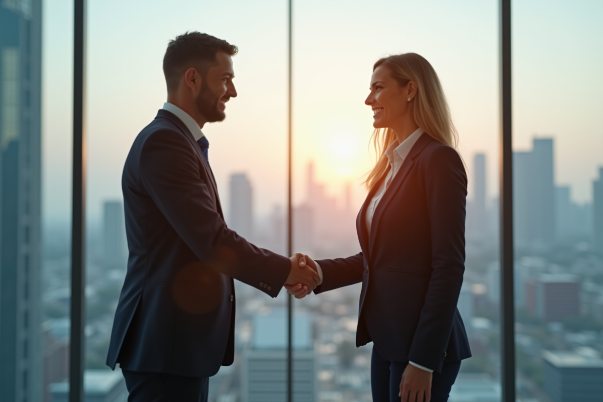 Deux professionnels se serrant la main dans un bureau moderne