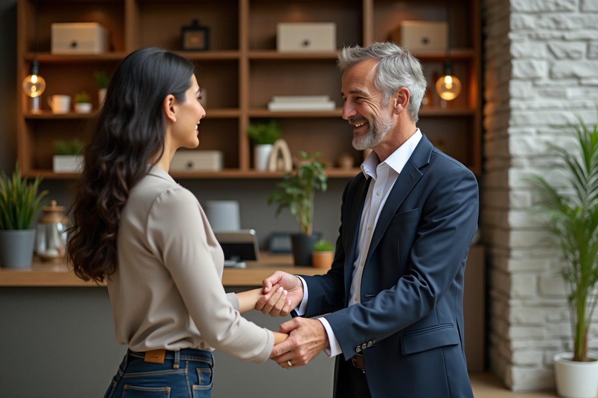 Client et représentante échangeant un sourire en magasin
