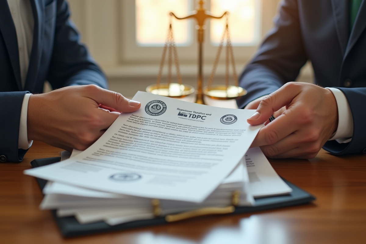 Deux mains échangeant des documents avec marques et sceaux