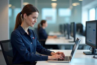 Employée Air France connectée au portail intranet Intralignes sur un ordinateur portable dans un bureau d'entreprise
