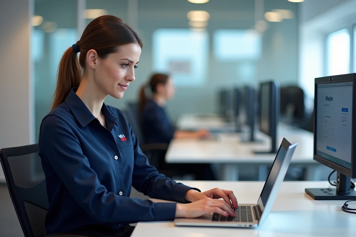Employée Air France connectée au portail intranet Intralignes sur un ordinateur portable dans un bureau d'entreprise