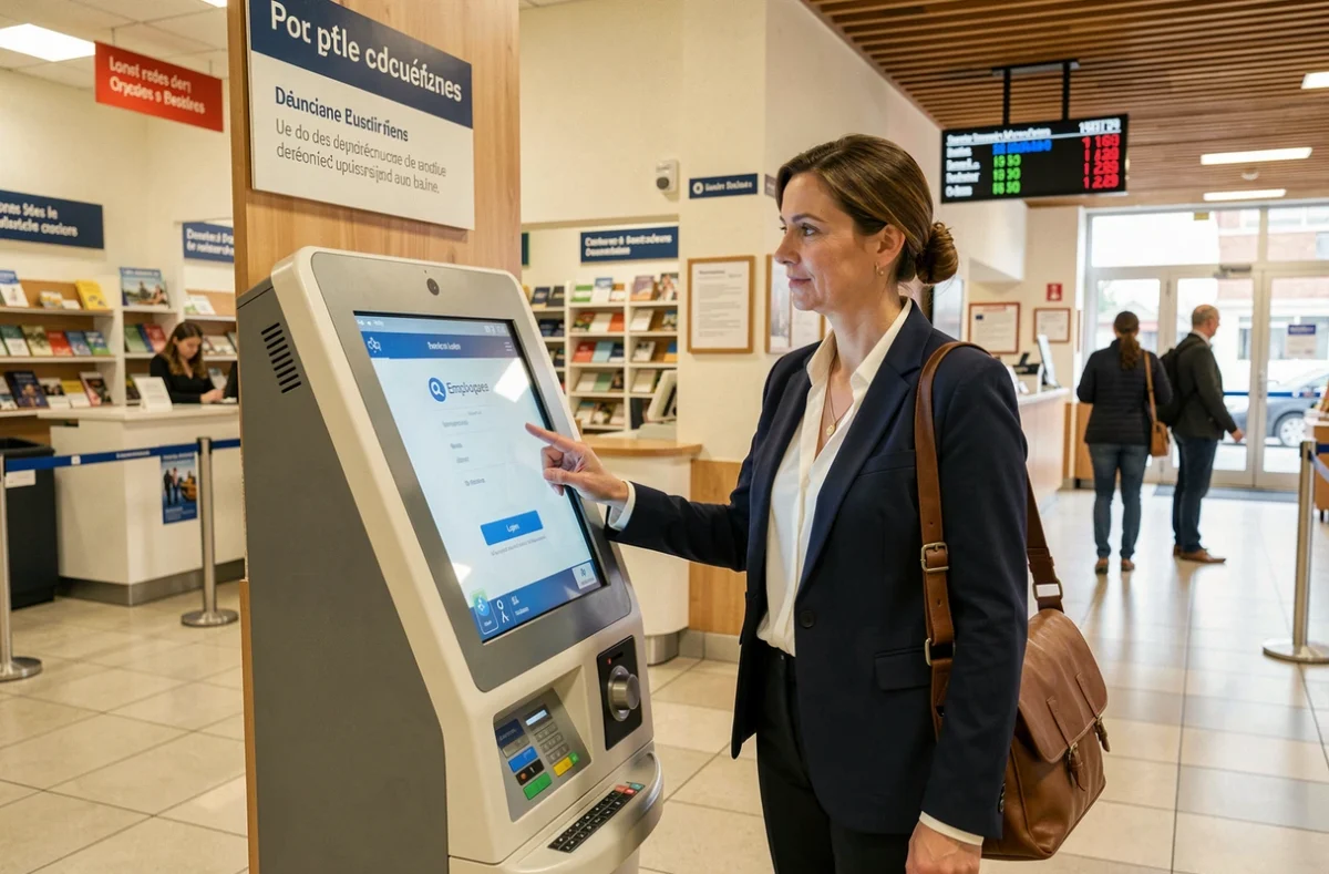 Employée de La Poste utilisant une borne numérique interactive dans un espace d'accueil pour accéder à ses services RH