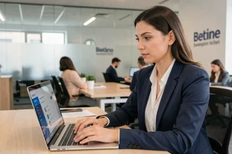 Employée accédant à son espace salarié CSE sur un ordinateur portable en entreprise