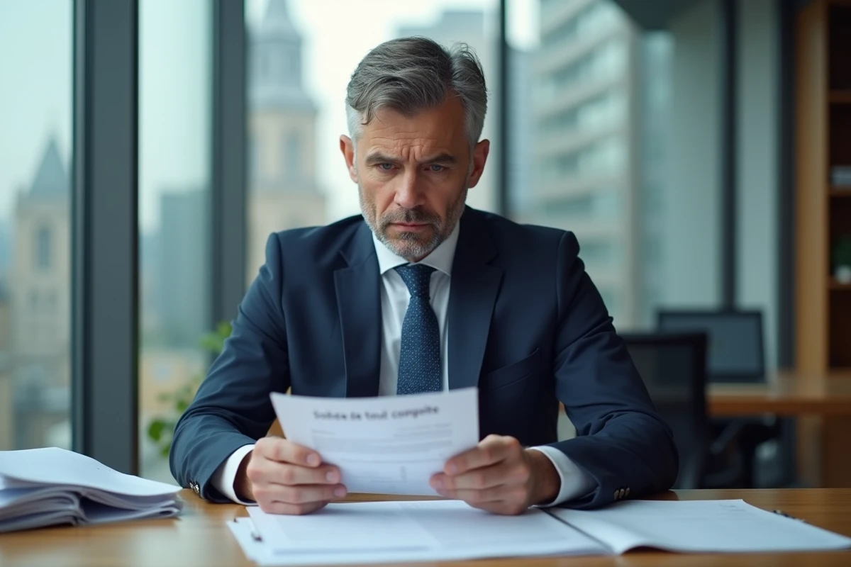 Homme d'affaires en costume bleu examinant un document de solde de tout compte