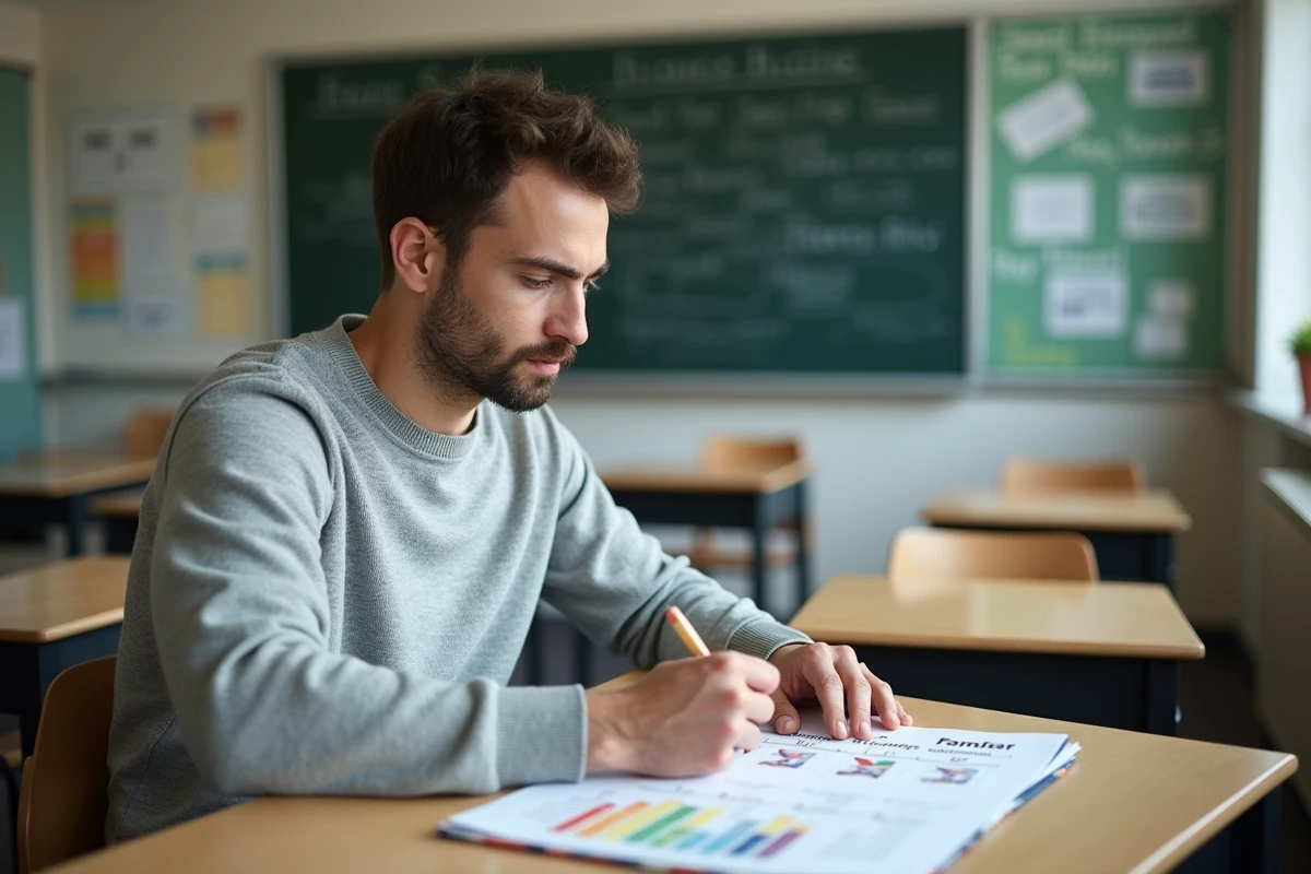 Jeune enseignant avec calendrier de paie dans la classe