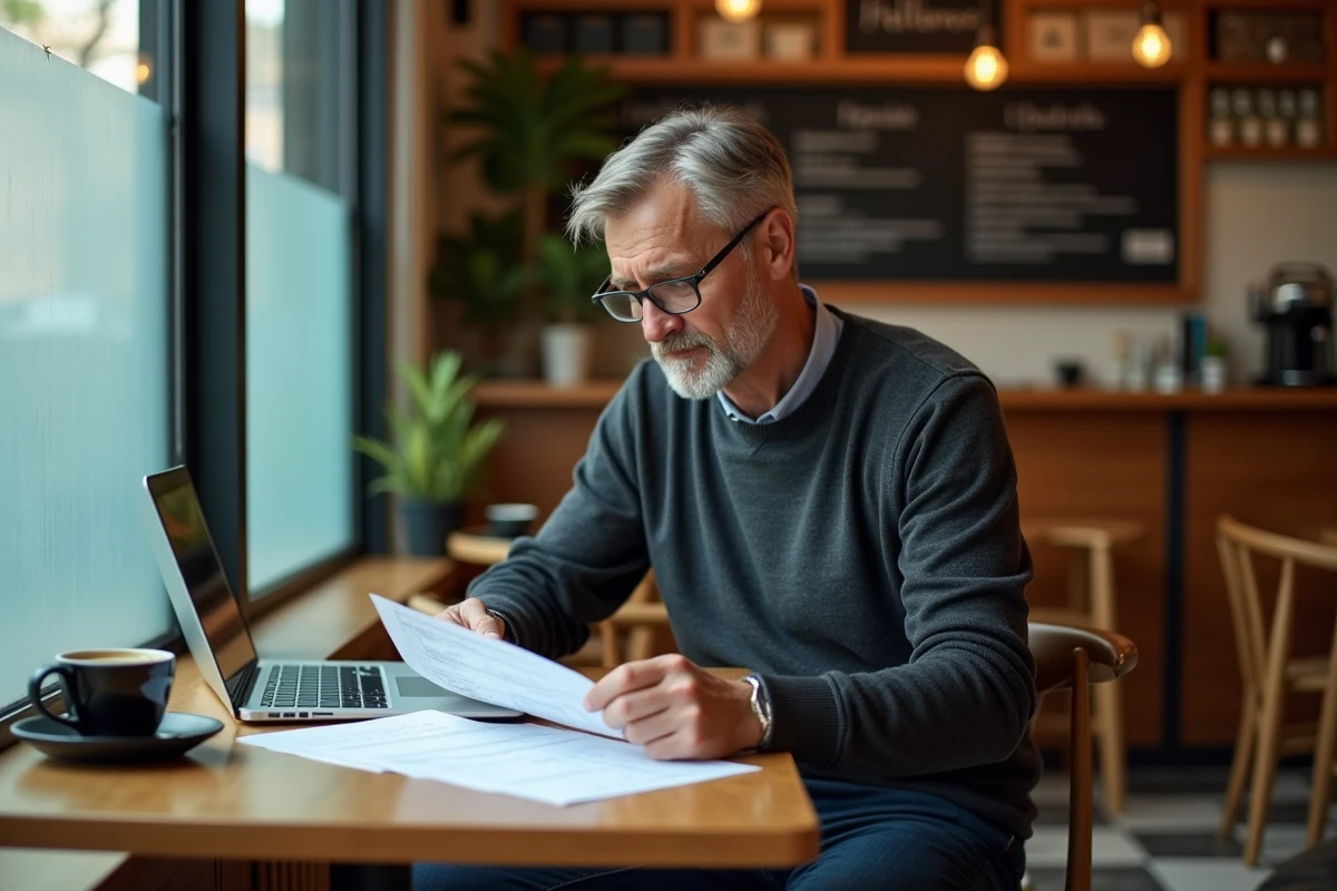 Entrepreneur mature analysant des documents commerciaux dans un caf&eacute; urbain avec ordinateur portable et caf&eacute;
