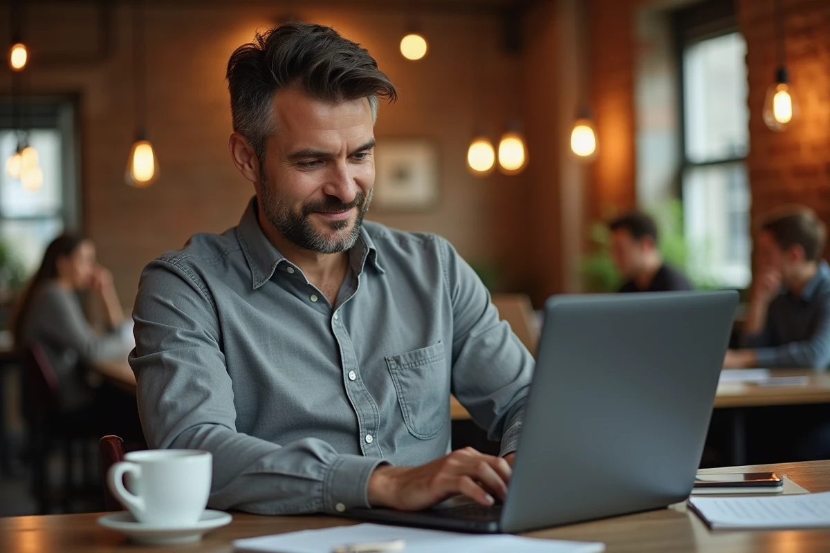 Entrepreneur rédigeant un avis en ligne sur l'INPI depuis un espace de coworking moderne