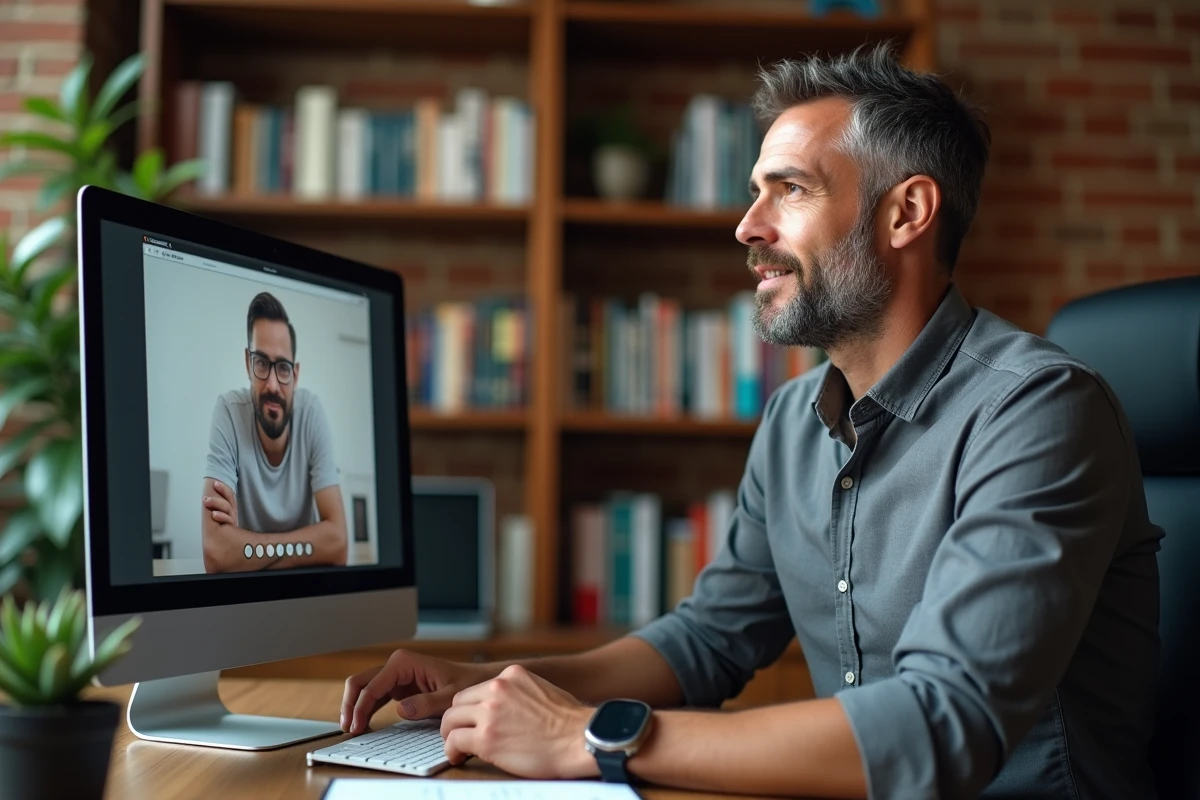 Entrepreneur masculin utilisant une plateforme d'experts en ligne depuis son bureau à domicile lors d'une consultation vidéo