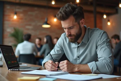 Entrepreneur en train de planifier son id&eacute;e de business sur un bureau de coworking avec cahier et ordinateur portable