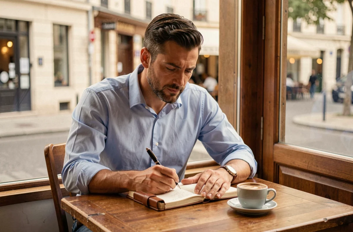 Entrepreneur en réflexion dans un café parisien, symbolisant la vision stratégique et le parcours personnel inspirant d'un décideur