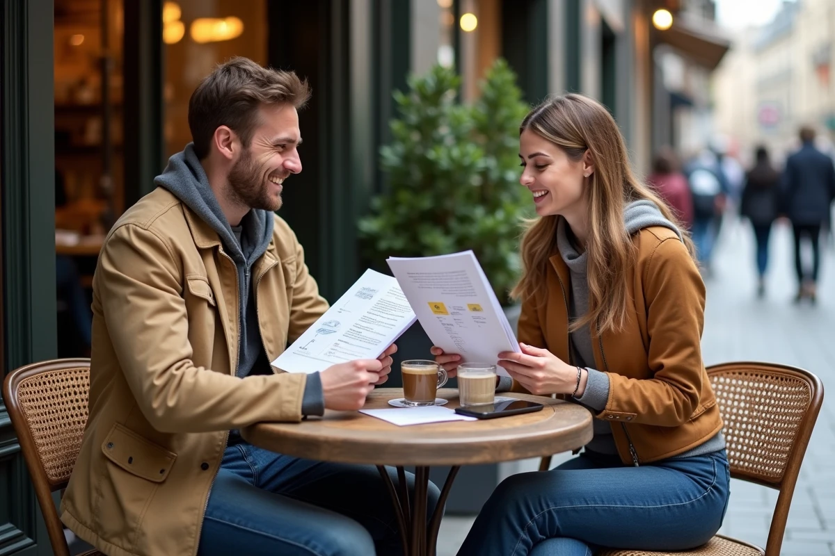 Deux entrepreneurs discutant d'un guide business simplifié autour d'un café en terrasse parisienne