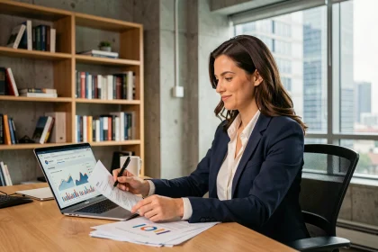 Entrepreneuse analysant des données business sur son ordinateur dans un espace de coworking moderne