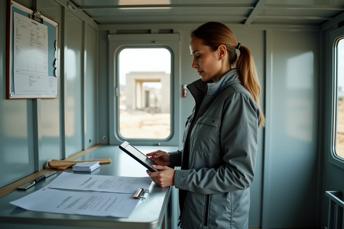 Femme entrepreneur BTP utilisant une tablette avec logiciel de devis dans un bureau de chantier mobile avec tableur papier