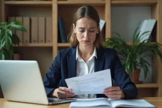 Entrepreneuse examinant des documents de propriété intellectuelle à son bureau avec une expression préoccupée