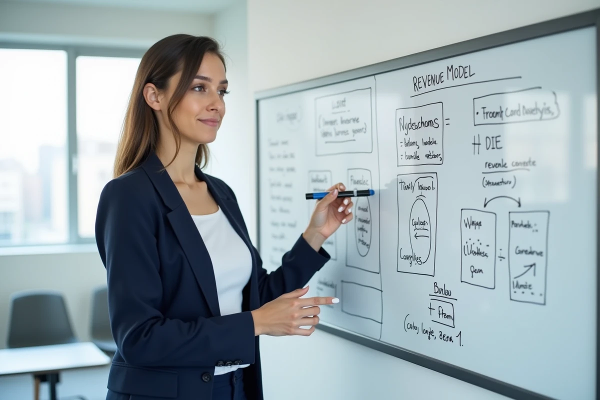 Entrepreneuse pr&eacute;sentant un mod&egrave;le &eacute;conomique et des projections financi&egrave;res sur un tableau blanc dans un bureau startup