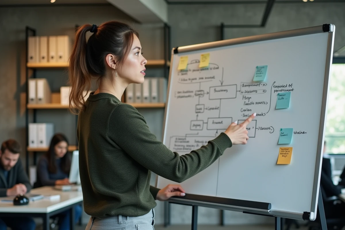 Entrepreneuse seule debout devant un tableau blanc avec schéma de structure d'activité dans un espace de coworking
