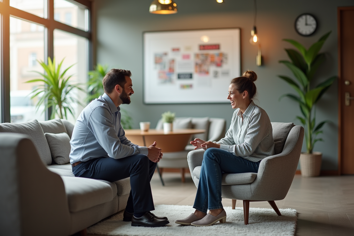 Manager et employe discutant dans un espace lounge confortable