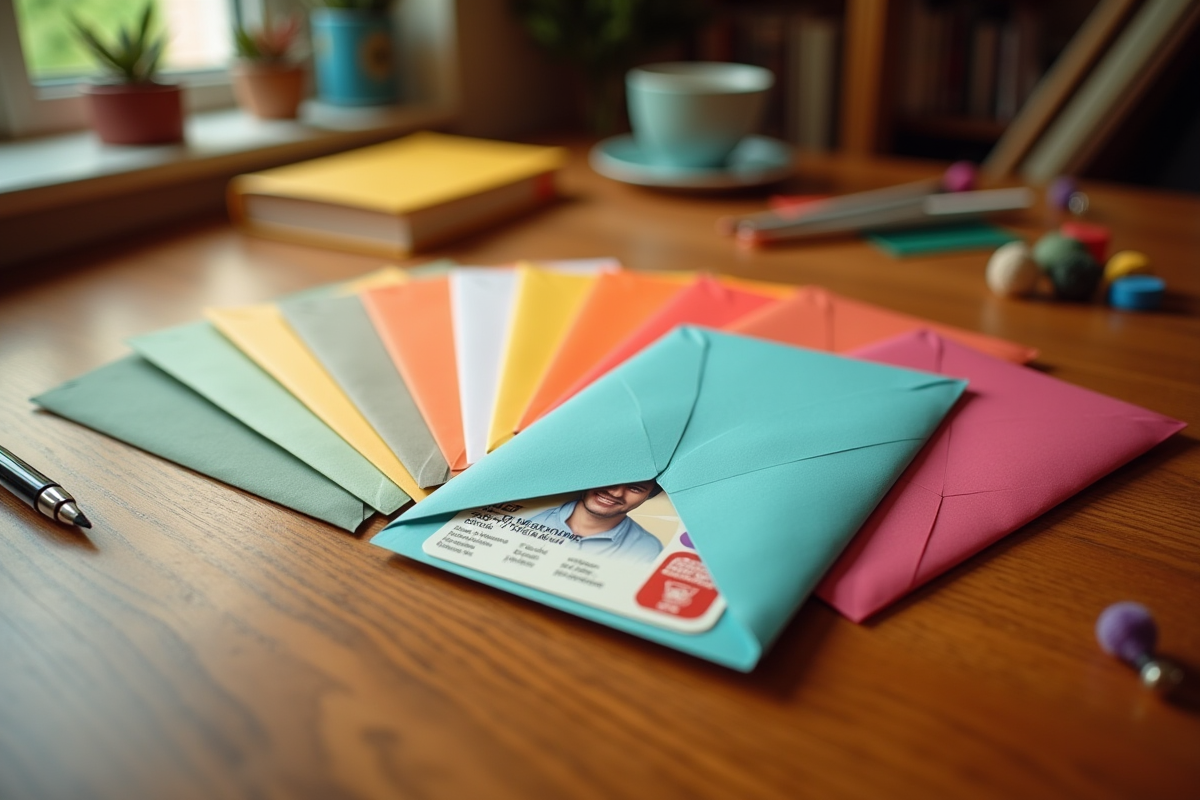 Enveloppes colorées avec permis de conduire partiellement visible sur une surface en bois