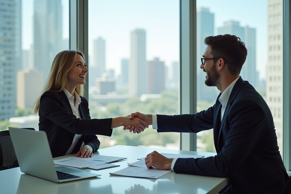 Deux professionnels se serrant la main dans un bureau moderne