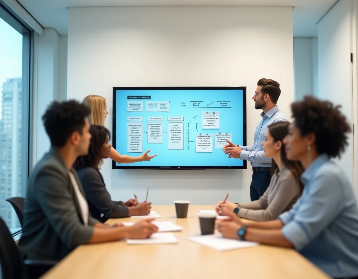 Équipe pluridisciplinaire analysant des verbatims clients sur un écran mural lors d'un atelier de cartographie du parcours client