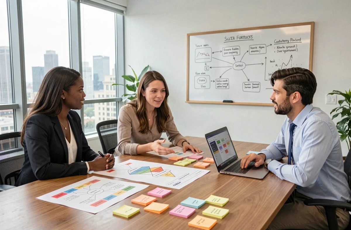 Équipe de professionnels collaborant autour de cartes de parcours client imprimées en salle de réunion