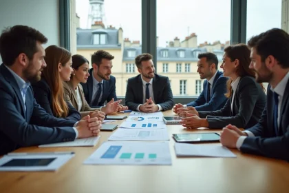 Groupe de professionnels en réunion dans un bureau parisien