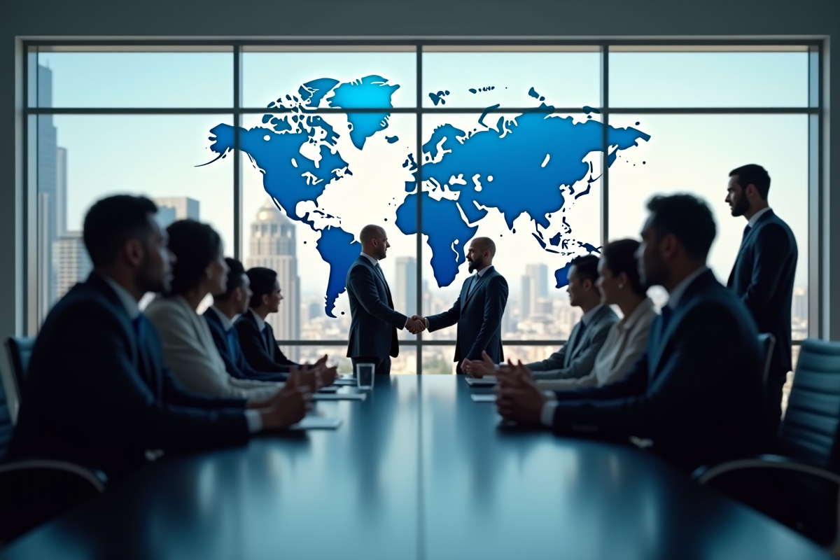 Groupe de professionnels internationaux en réunion de commerce mondial