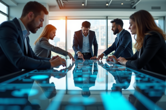 Equipe moderne collaborant autour d'une table digitale