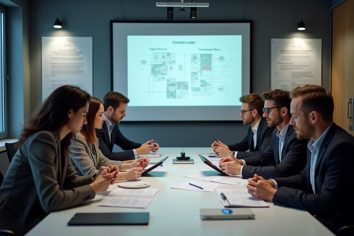Groupe de professionnels analysant un diagramme digital et papier