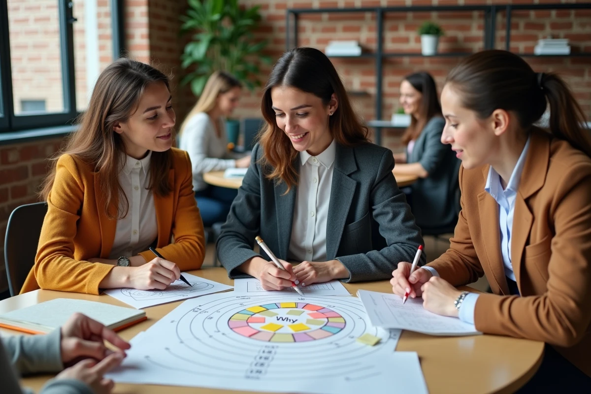 Équipe de professionnels analysant le modèle Golden Circle autour d'une table de travail