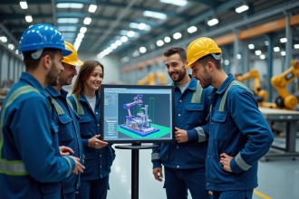 Groupe d'ingénieurs autour d'un modèle 3D en usine