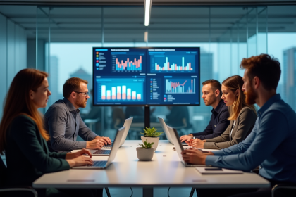 Groupe de professionnels discutant autour d'une table avec dashboards marketing