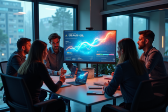 Equipe marketing analysant des données publicitaires en réunion