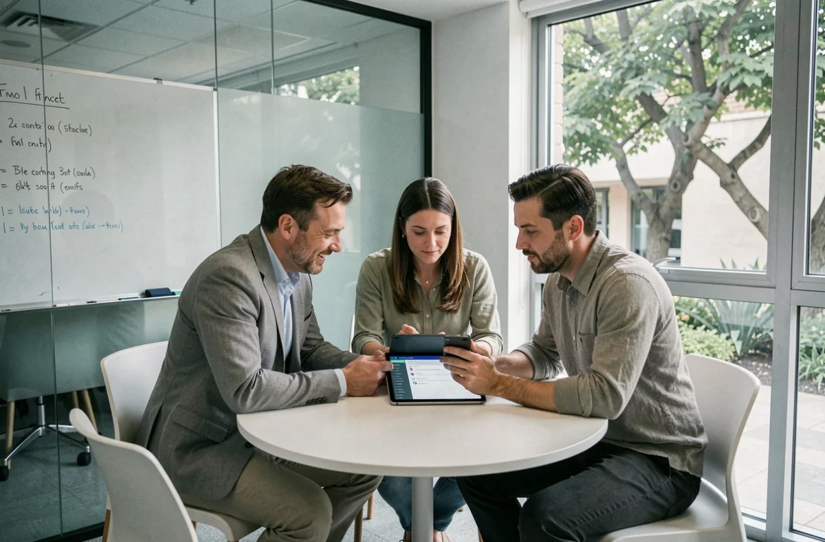 Une équipe MFR consulte ensemble les nouveautés de l'intranet sur une tablette lors d'une réunion