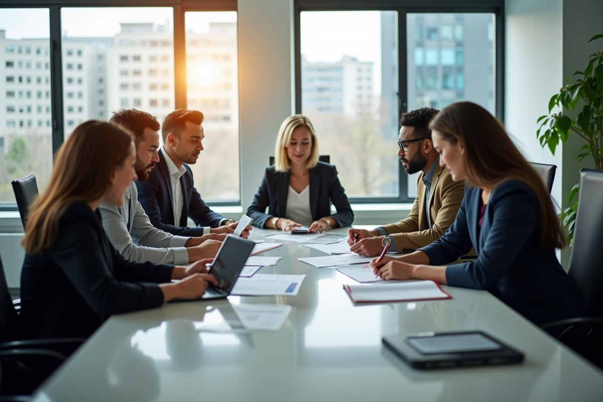 Groupe de professionnels discutant de documents d'achat