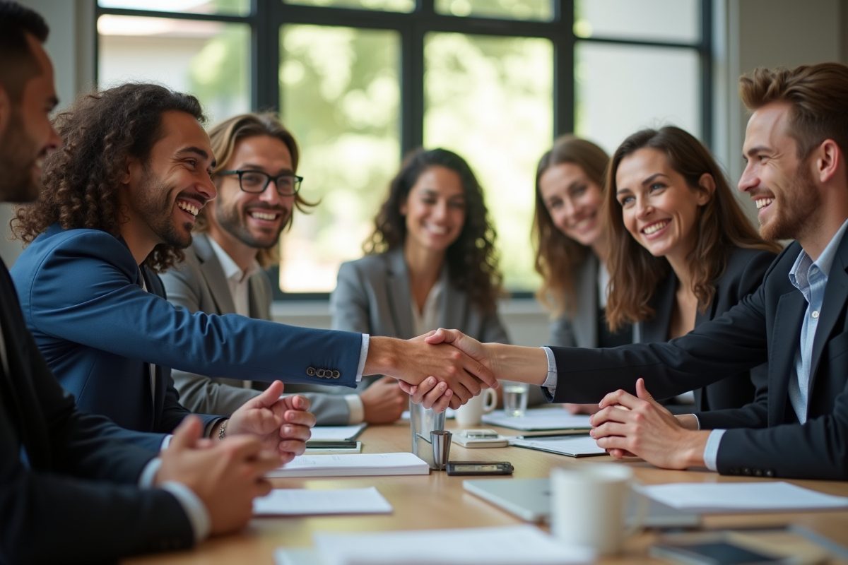 Groupe de professionnels souriants autour d'une table moderne