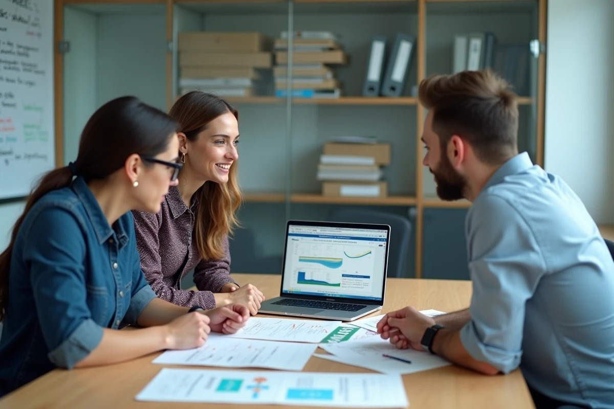 &Eacute;quipe de professionnels en r&eacute;union autour du logiciel WATERP pour la gestion des ressources en eau