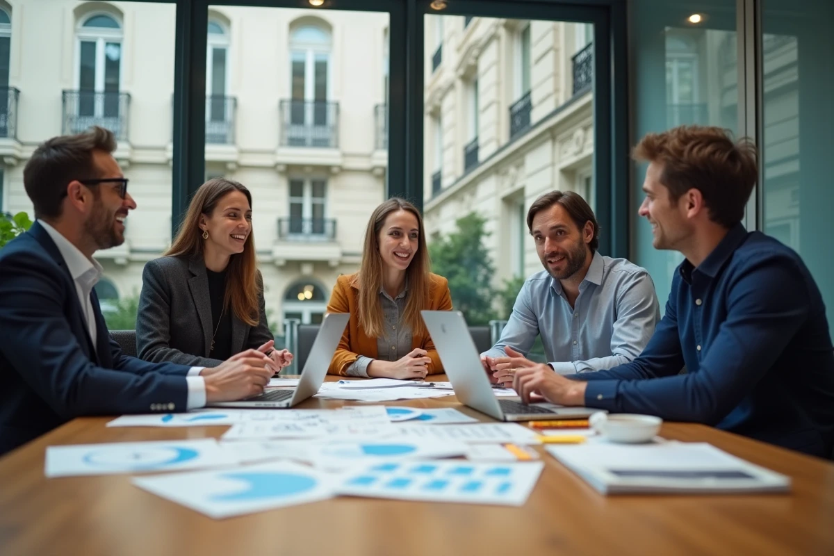 Équipe de professionnels en réunion stratégique autour d'une table avec des rapports d'analytics et des ordinateurs portables dans un bureau parisien moderne
