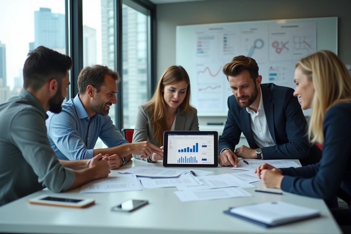Équipe de professionnels analysant des rapports analytiques et une interface de site web structuré lors d'une réunion en salle de conférence avec vue urbaine