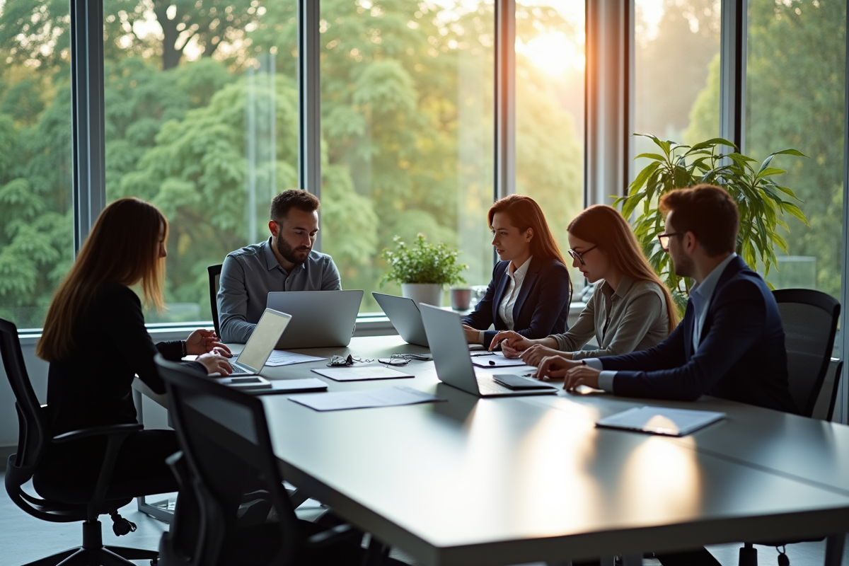 Groupe de professionnels collaborant dans un bureau lumineux