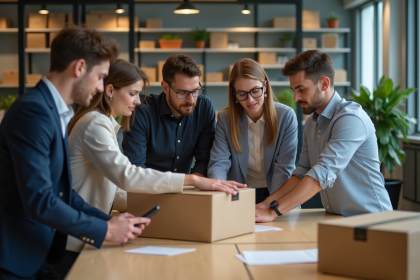 Groupe de collègues en réunion dans un bureau moderne