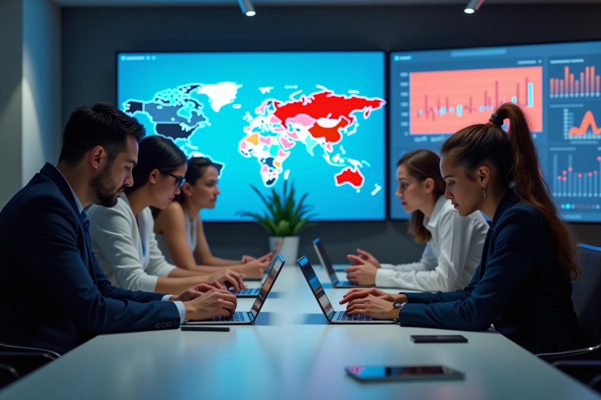 Groupe de professionnels analysant des statistiques sur réseaux sociaux