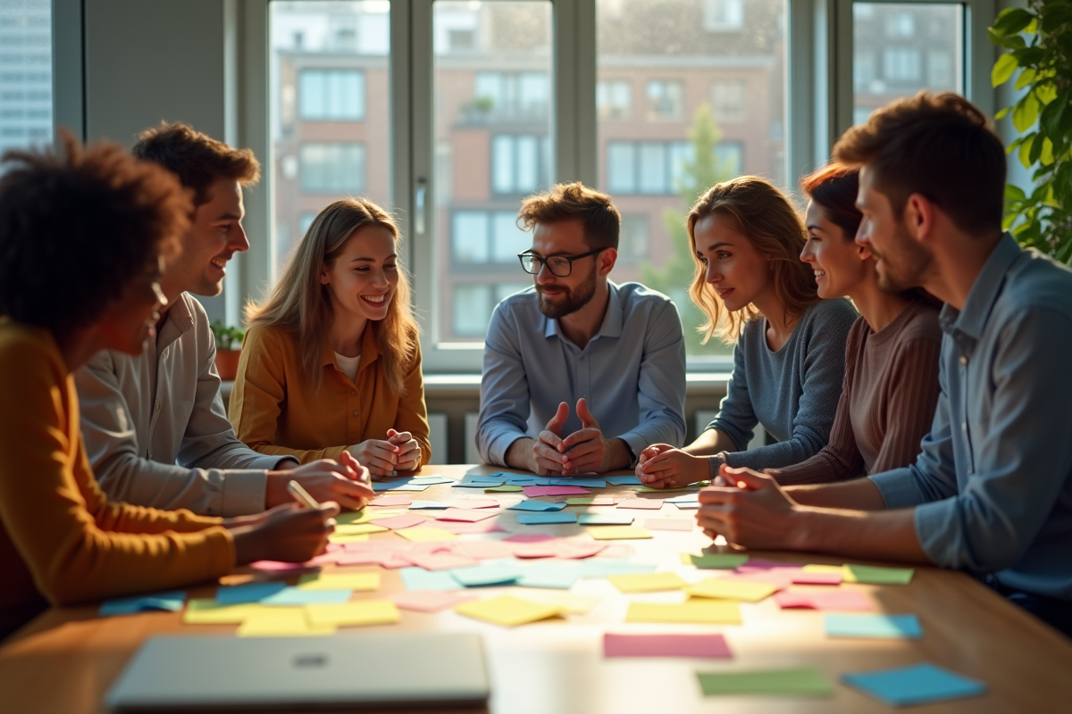 Groupe de collègues divers brainstormant avec notes colorées en équipe