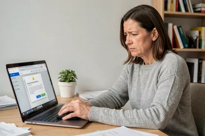 Femme frustrée devant une erreur sur l'interface Arkevia dans un bureau à domicile