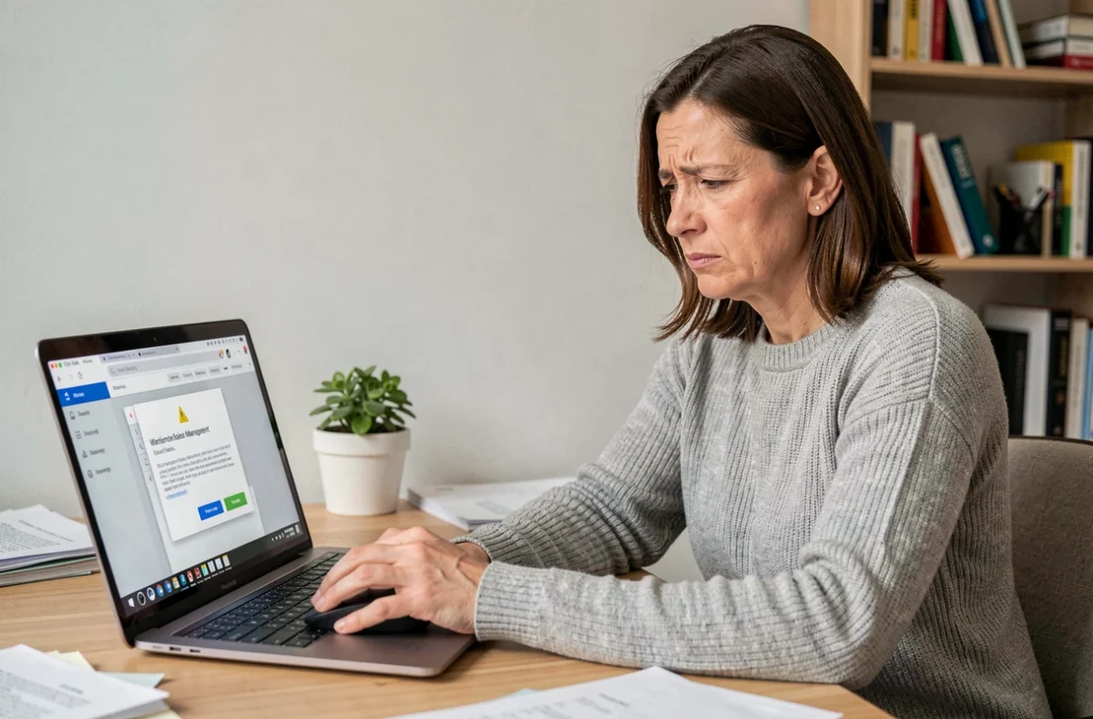 Femme frustrée devant une erreur sur l'interface Arkevia dans un bureau à domicile
