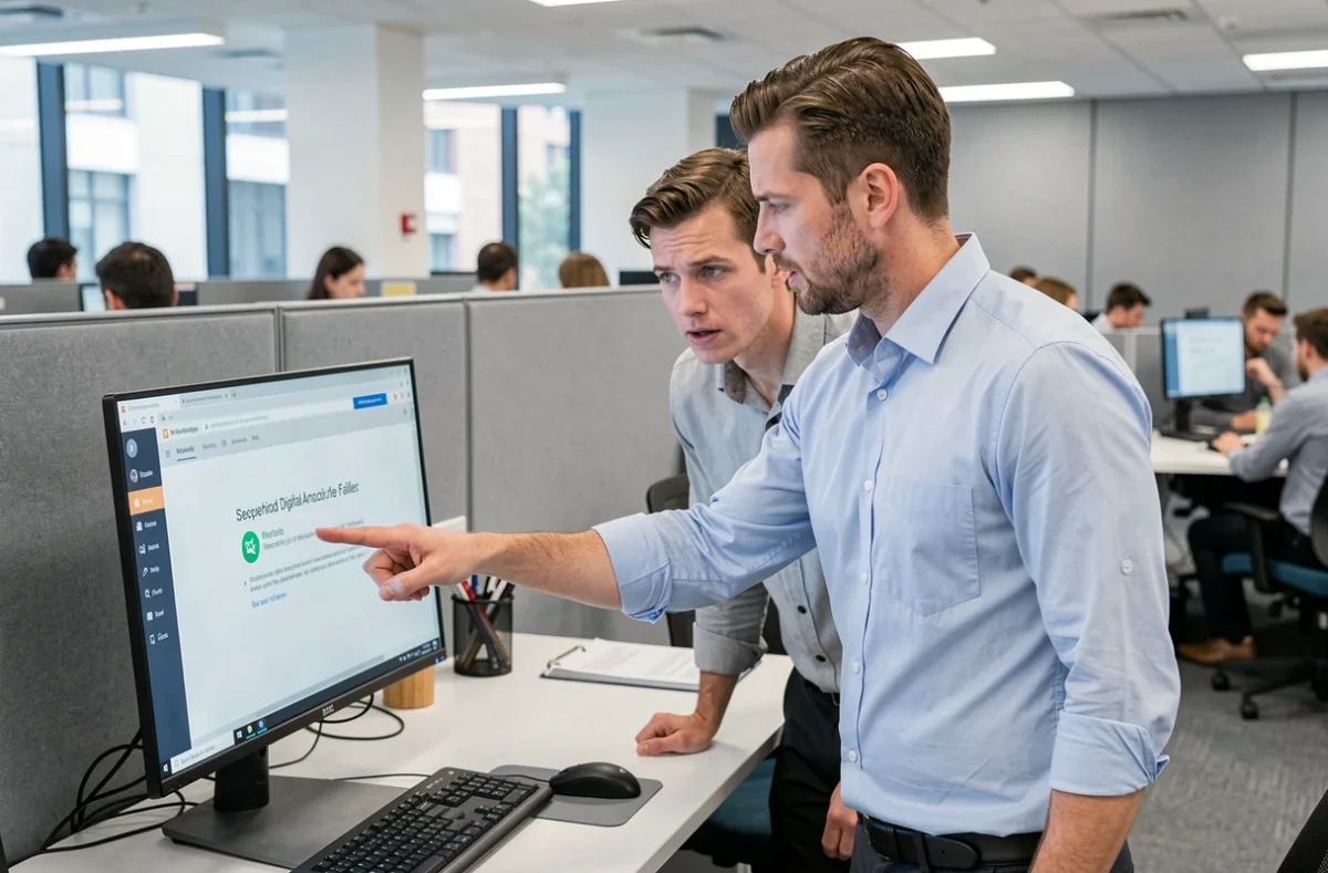 Deux collègues face à une erreur de téléchargement sur une plateforme d'archivage numérique en entreprise